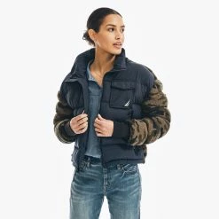 Budget 😍 Nautica 👩 Womens Camouflage Mixed Media Sherpa Jacket 🔥