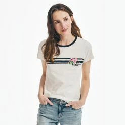 Deals 🥰 Nautica 👩 Womens Sustainably Crafted Floral Chest-Stripe T-Shirt 🧨