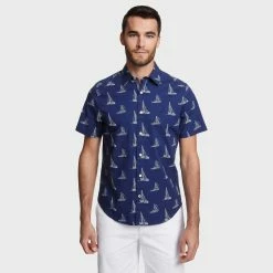 Promo 🛒 Nautica Mens Big & Tall Sailboat Print Classic Fit Stretch Poplin 👕 Shirt 🤩