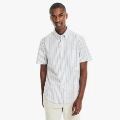 Deals ❤️ Nautica Mens Wrinkle-Resistant Striped Wear To Work Short-Sleeve 👚 Shirt 😀