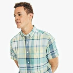 New ⭐ Nautica Mens Linen Plaid Short-Sleeve 👚 Shirt 🔔