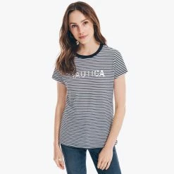 Top 10 😀 Nautica 👩 Womens Striped Foil Logo Graphic T-Shirt 💯