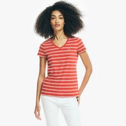 Outlet 🔔 Nautica 👩 Womens Striped V-Neck T-Shirt ⭐