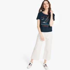Best Sale 🥰 Nautica 👩 Womens Cropped Logo Graphic T-Shirt ✨