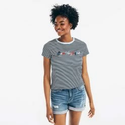 Hot Sale ⭐ Nautica 👩 Womens Striped Bon Voyage Graphic T-Shirt 🔥